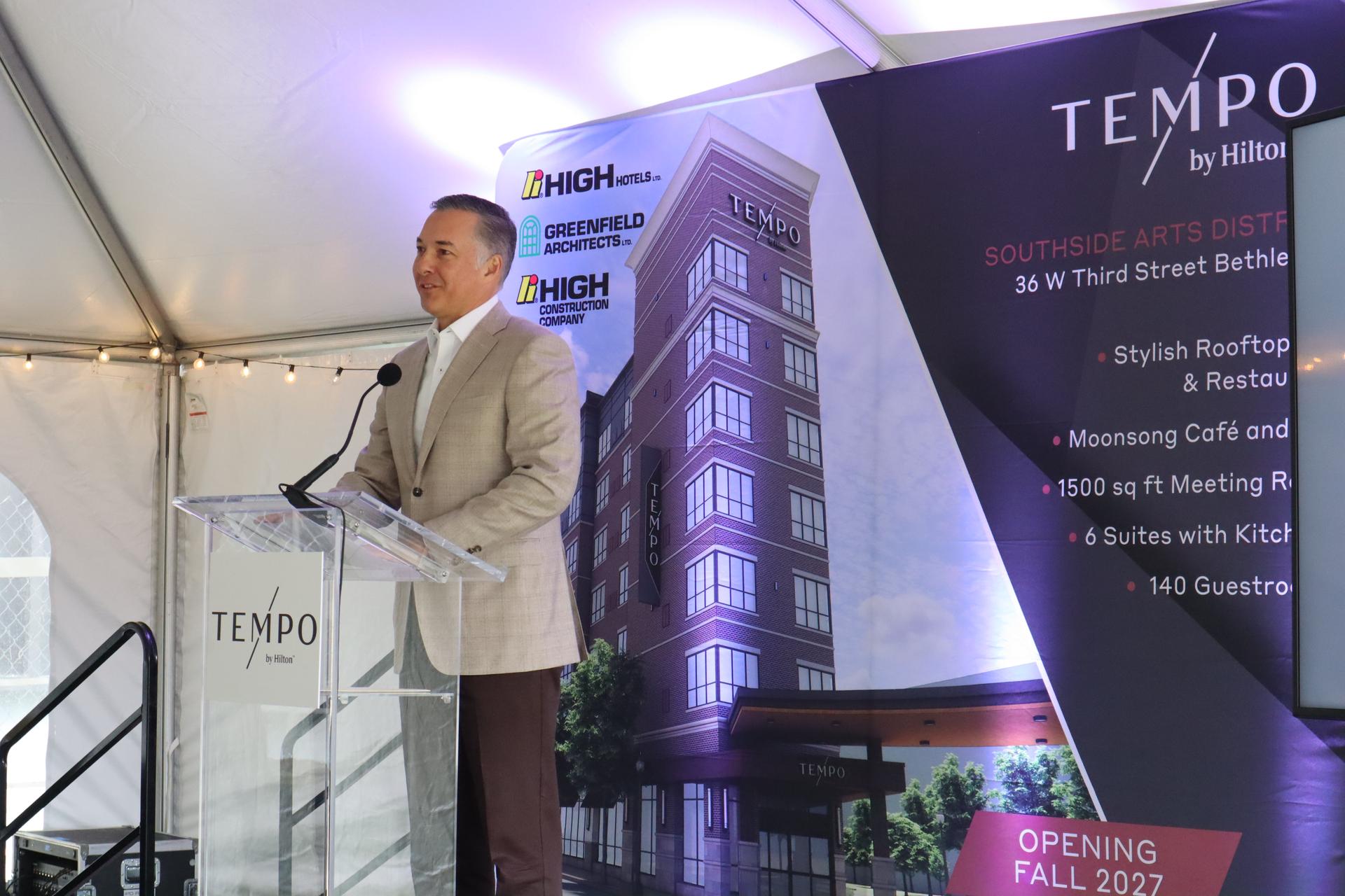 David Aungst, President of High Hotels, speaking at groundbreaking